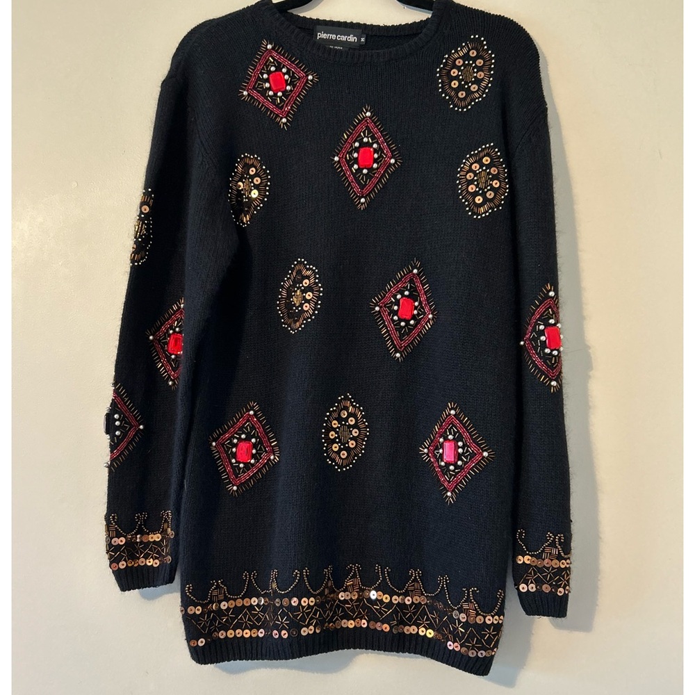 Vtg Pierre Cardin Black Sweater Medium Silk Angora Jeweled Detail Long Sleeve